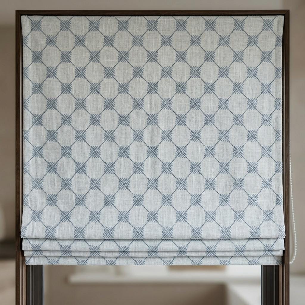 Blue Embroidered Linen Roman Shade, Diamond Trellis Custom Corded Blind, Blackout or Cotton Lined Window Shade — image 8