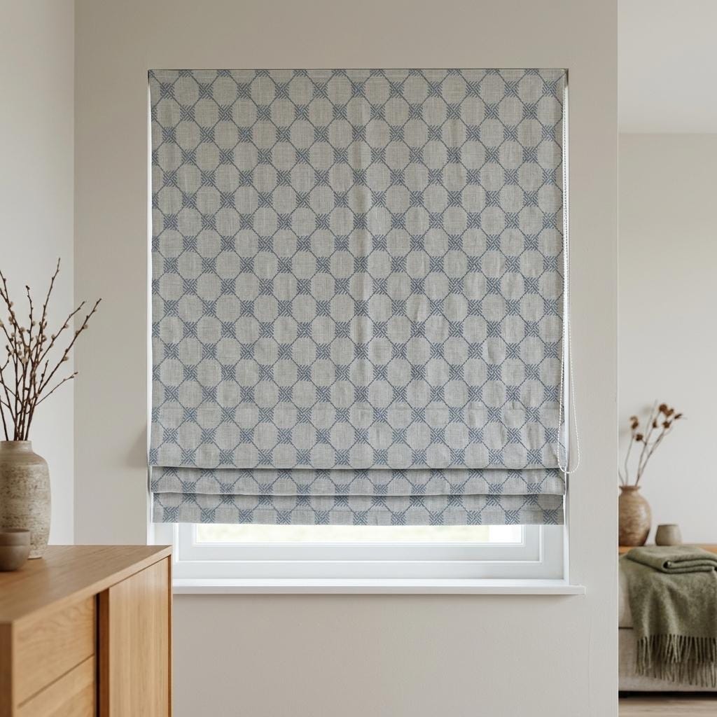 Blue Embroidered Linen Roman Shade, Diamond Trellis Custom Corded Blind, Blackout or Cotton Lined Window Shade — image 6