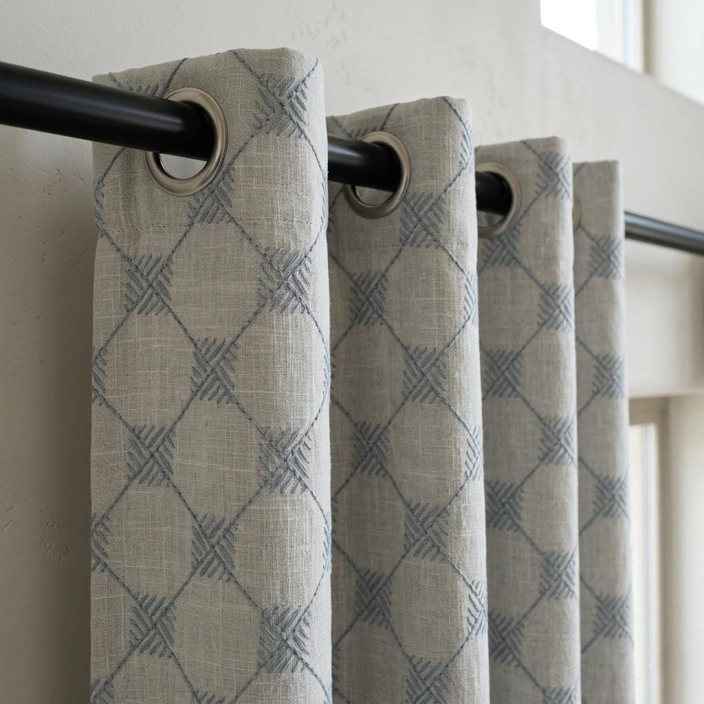 Blue Embroidered Linen Curtains, Diamond Lattice Check Drapes, Custom Blackout Cotton Lined Cafe Curtain Panels — image 4