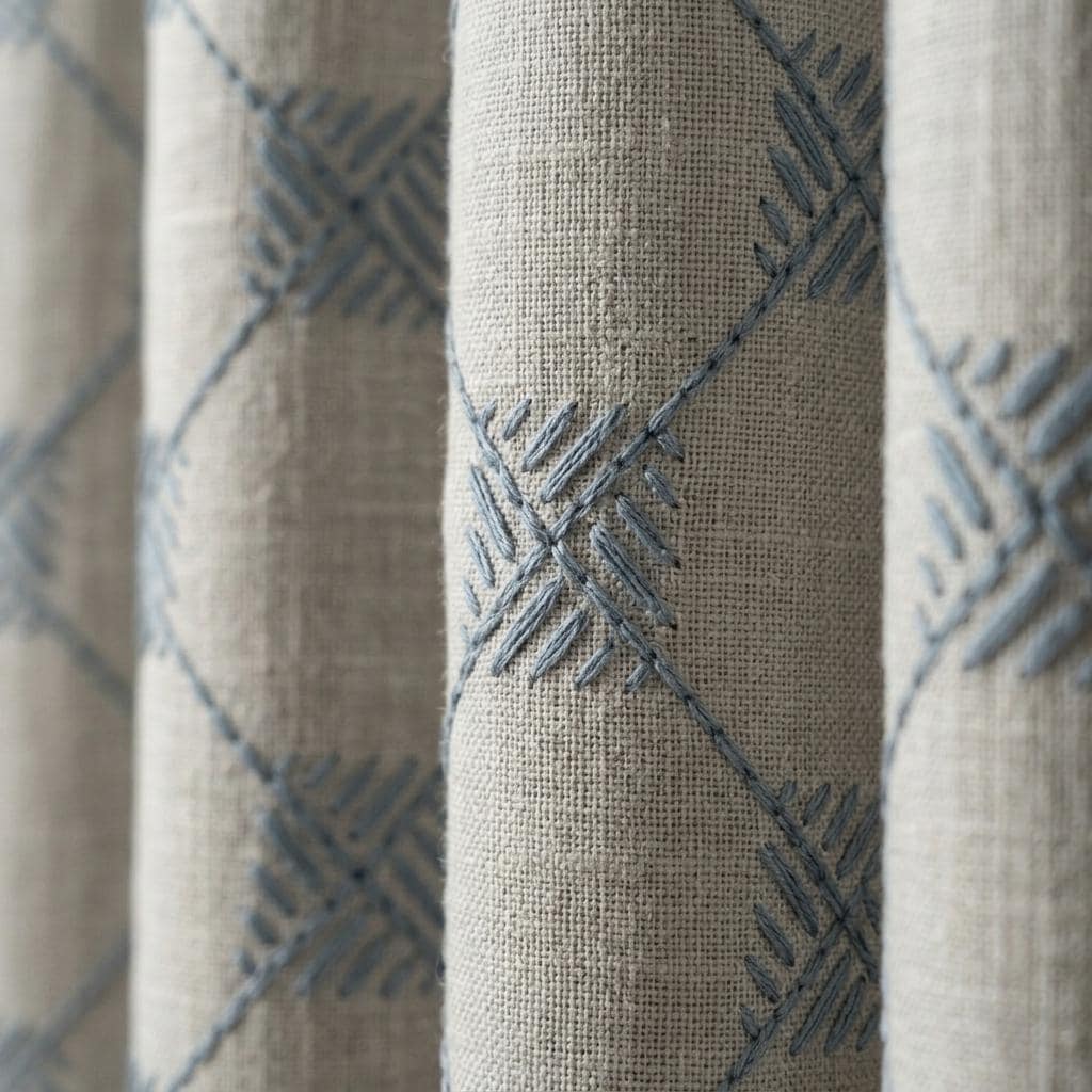 Blue Embroidered Linen Curtains, Diamond Lattice Check Drapes, Custom Blackout Cotton Lined Cafe Curtain Panels — image 10