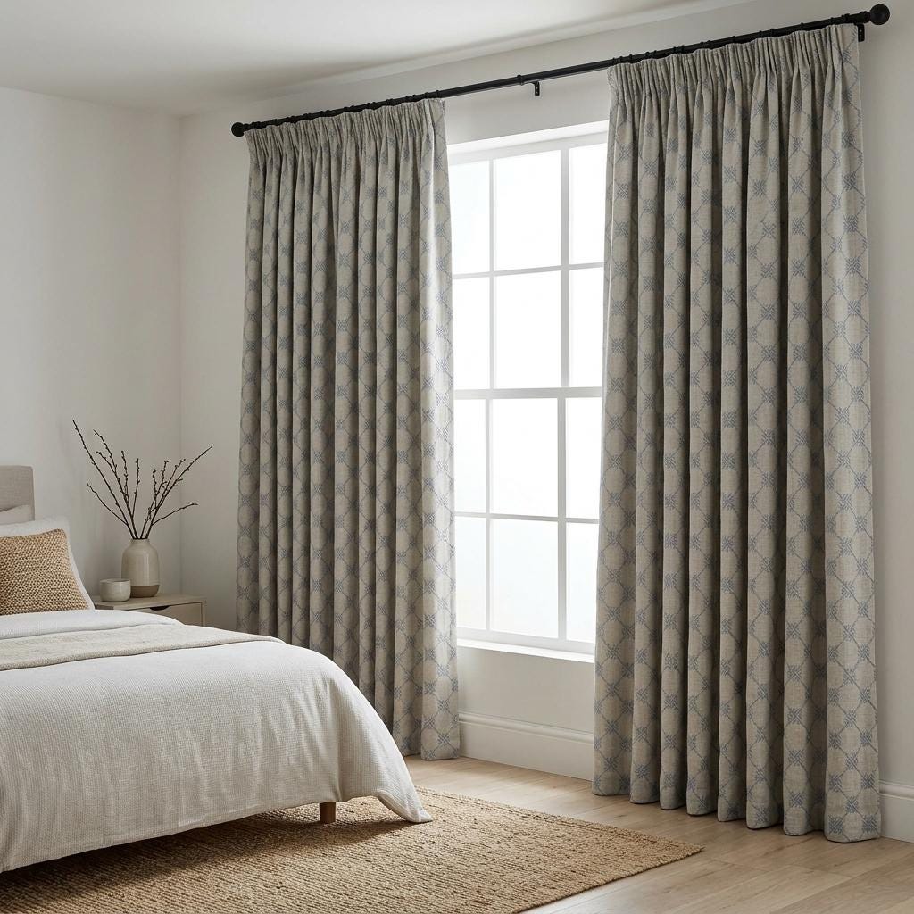 Blue Embroidered Linen Curtains, Diamond Lattice Check Drapes, Custom Blackout Cotton Lined Cafe Curtain Panels — image 6