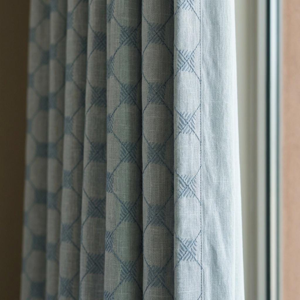 Blue Embroidered Linen Curtains, Diamond Lattice Check Drapes, Custom Blackout Cotton Lined Cafe Curtain Panels — image 7