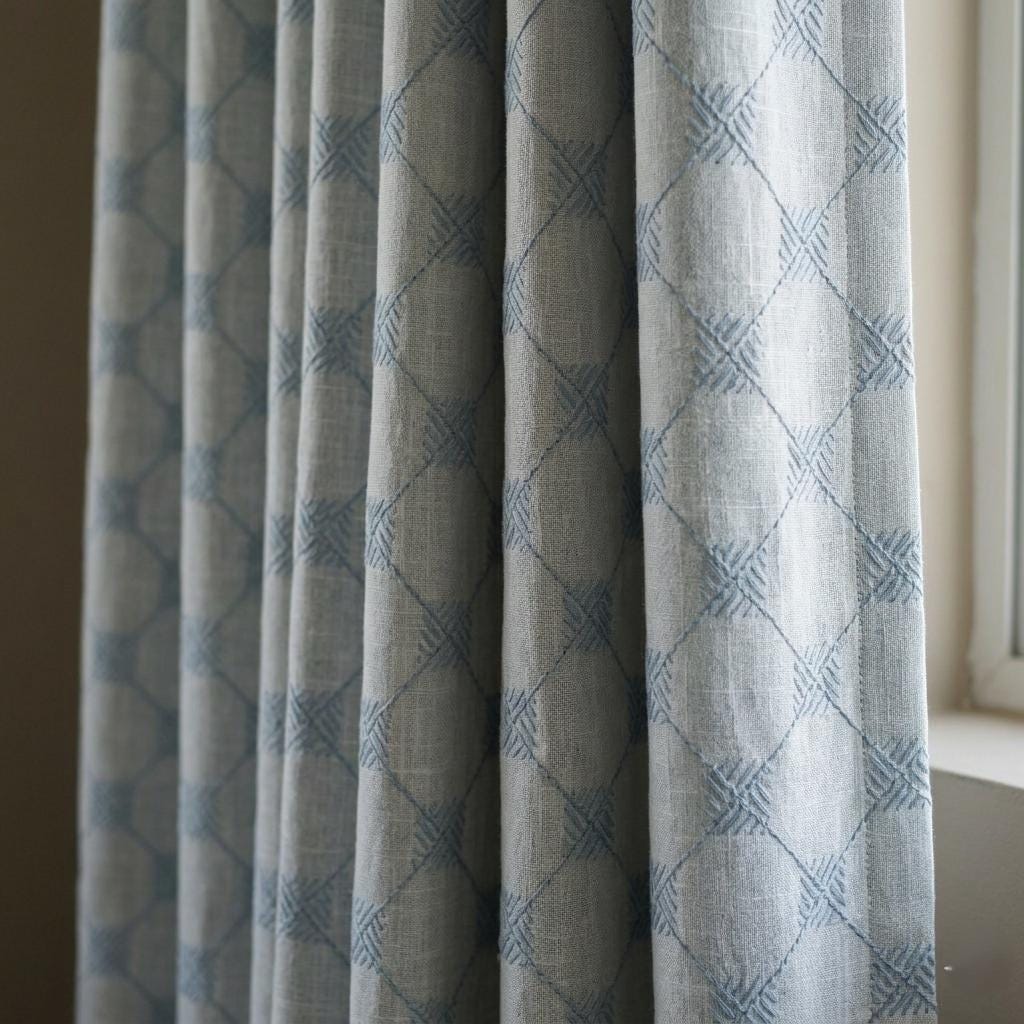 Blue Embroidered Linen Curtains, Diamond Lattice Check Drapes, Custom Blackout Cotton Lined Cafe Curtain Panels — image 1