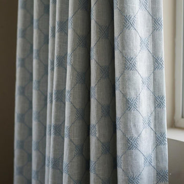 Blue Embroidered Linen Curtains, Diamond Lattice Check Drapes, Custom Blackout Cotton Lined Cafe Curtain Panels — image 1