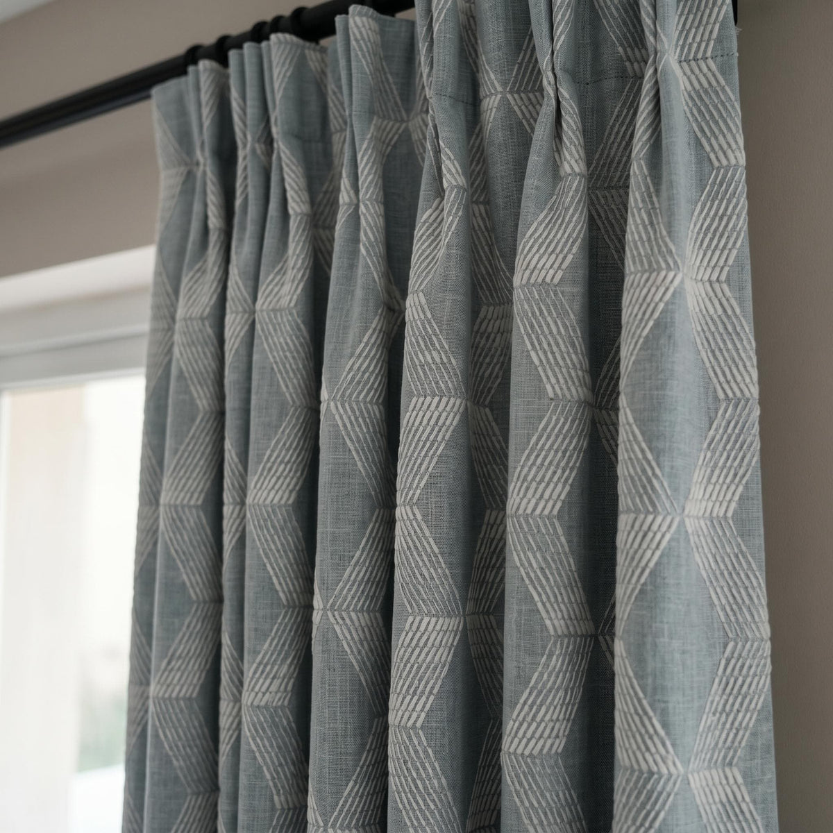Heavy Blue Grey Embroidered Linen Curtains, Ivory Chevron Geometric Drapes, Custom Blackout Cotton Lined Cafe Panels — image 5