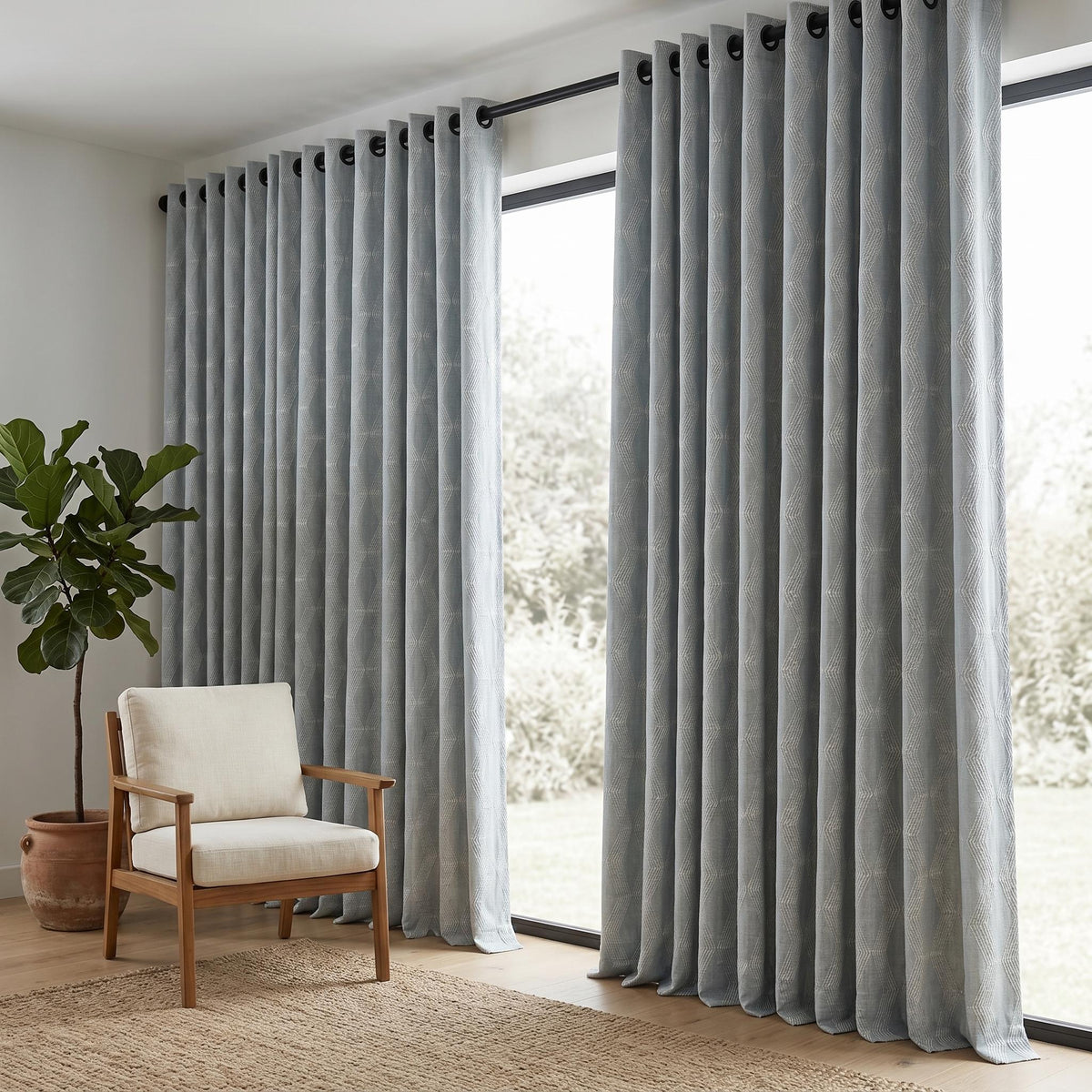 Heavy Blue Grey Embroidered Linen Curtains, Ivory Chevron Geometric Drapes, Custom Blackout Cotton Lined Cafe Panels — image 6