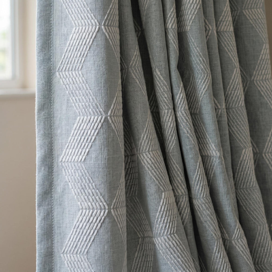 Heavy Blue Grey Embroidered Linen Curtains, Ivory Chevron Geometric Drapes, Custom Blackout Cotton Lined Cafe Panels — image 1