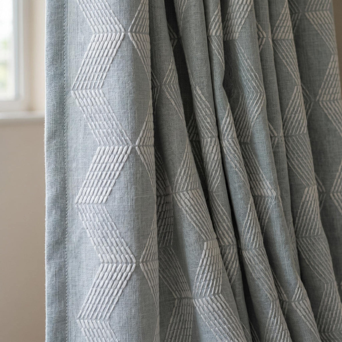 Heavy Blue Grey Embroidered Linen Curtains, Ivory Chevron Geometric Drapes, Custom Blackout Cotton Lined Cafe Panels — image 1