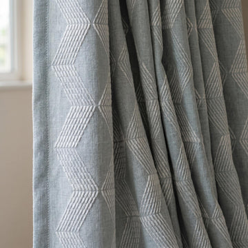 Heavy Blue Grey Embroidered Linen Curtains, Ivory Chevron Geometric Drapes, Custom Blackout Cotton Lined Cafe Panels — image 1