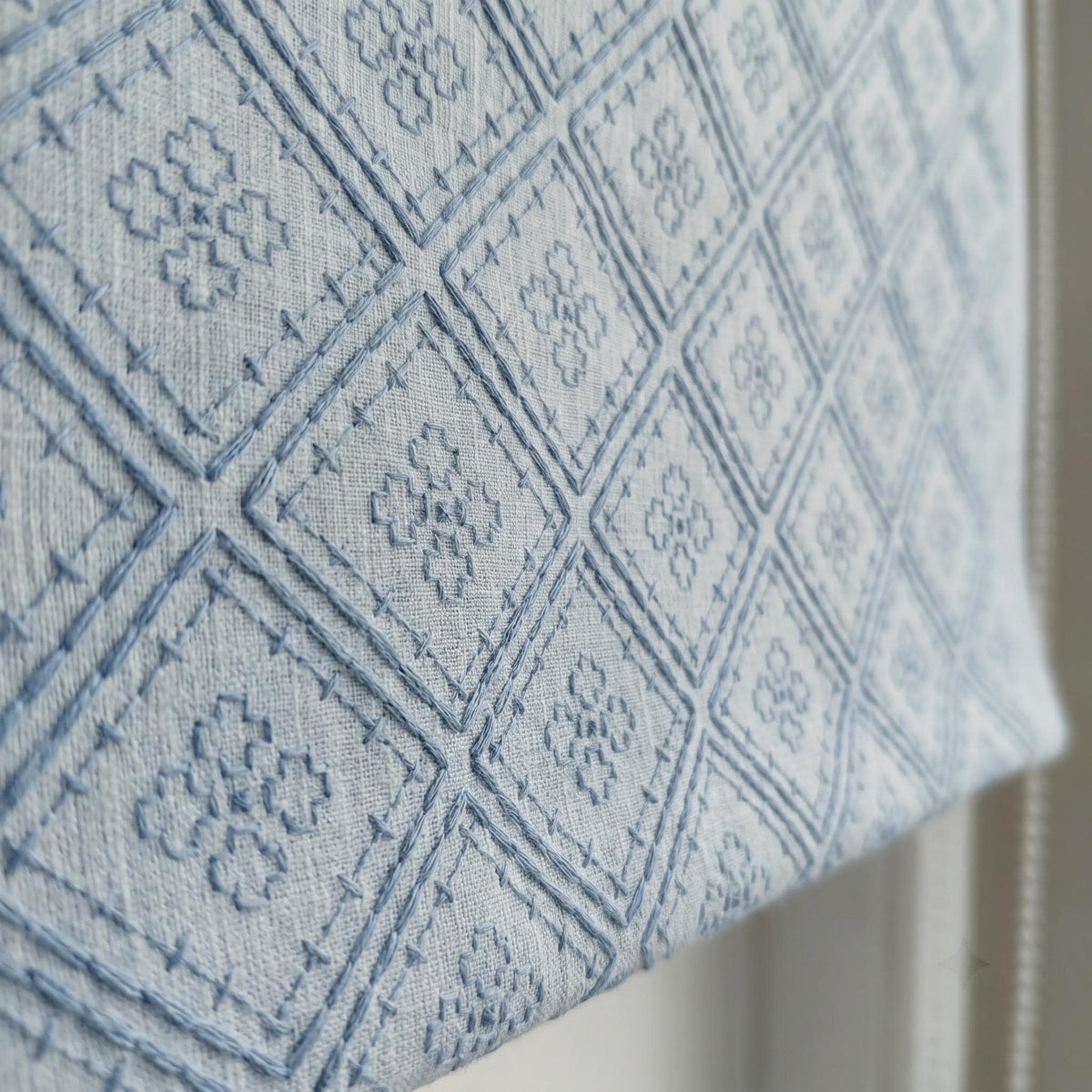 Blue Embroidered Linen Roman Shade, Geometric Diamond Trellis Custom Corded Blackout or Cotton Lined Blind — image 4