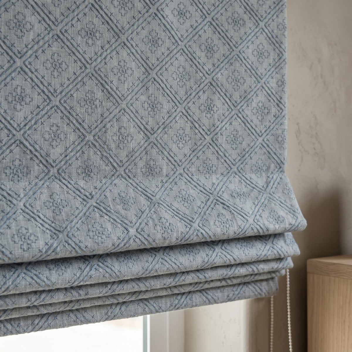 Blue Embroidered Linen Roman Shade, Geometric Diamond Trellis Custom Corded Blackout or Cotton Lined Blind — image 5