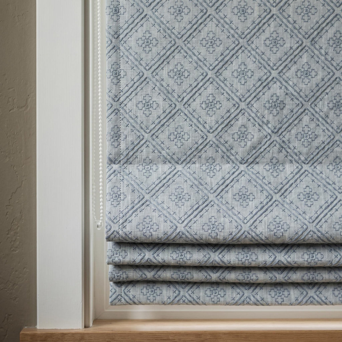 Blue Embroidered Linen Roman Shade, Geometric Diamond Trellis Custom Corded Blackout or Cotton Lined Blind — image 1