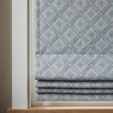 Blue Embroidered Linen Roman Shade, Geometric Diamond Trellis Custom Corded Blackout or Cotton Lined Blind — image 1