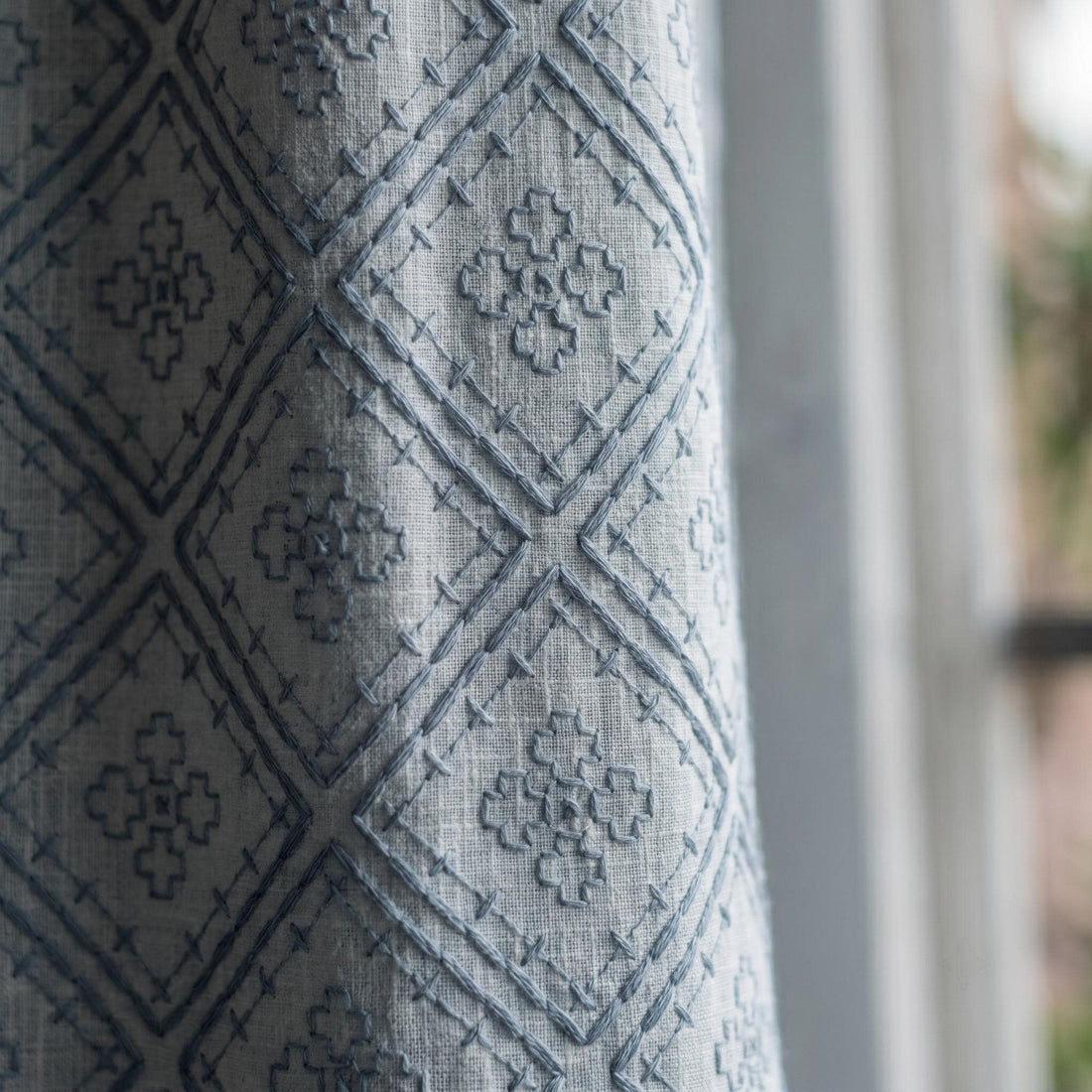 Blue Embroidered Linen Curtains, Diamond Medallion Geometric Drapes, Custom Blackout Cotton Lined Cafe Panels — image 1