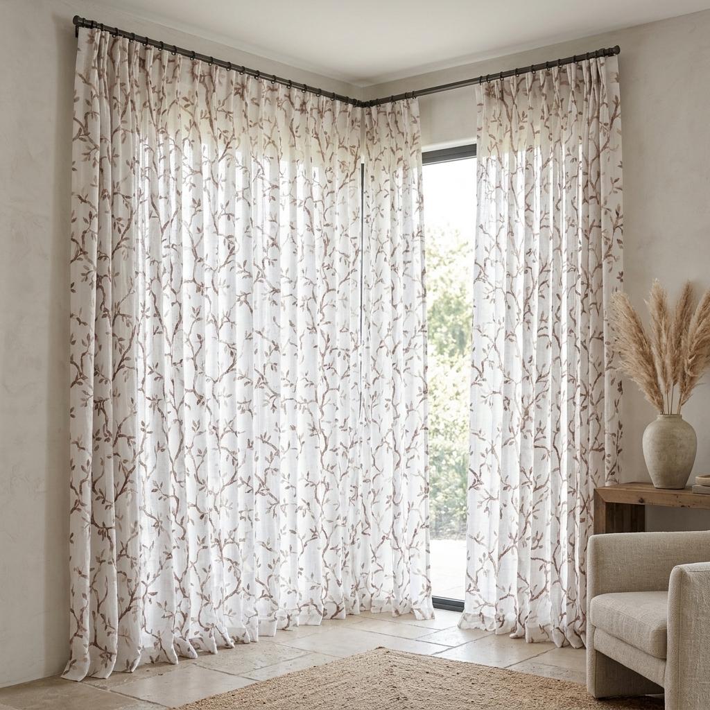 White Linen Sheer Curtains, Dusty Rose Pink Embroidered Vine Drapes, Botanical Linen Curtain Panel, Custom Sheer Window Curtains — image 1