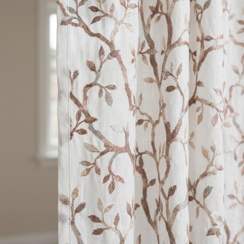 White Linen Sheer Curtains, Dusty Rose Pink Embroidered Vine Drapes, Botanical Linen Curtain Panel, Custom Sheer Window Curtains — image 1
