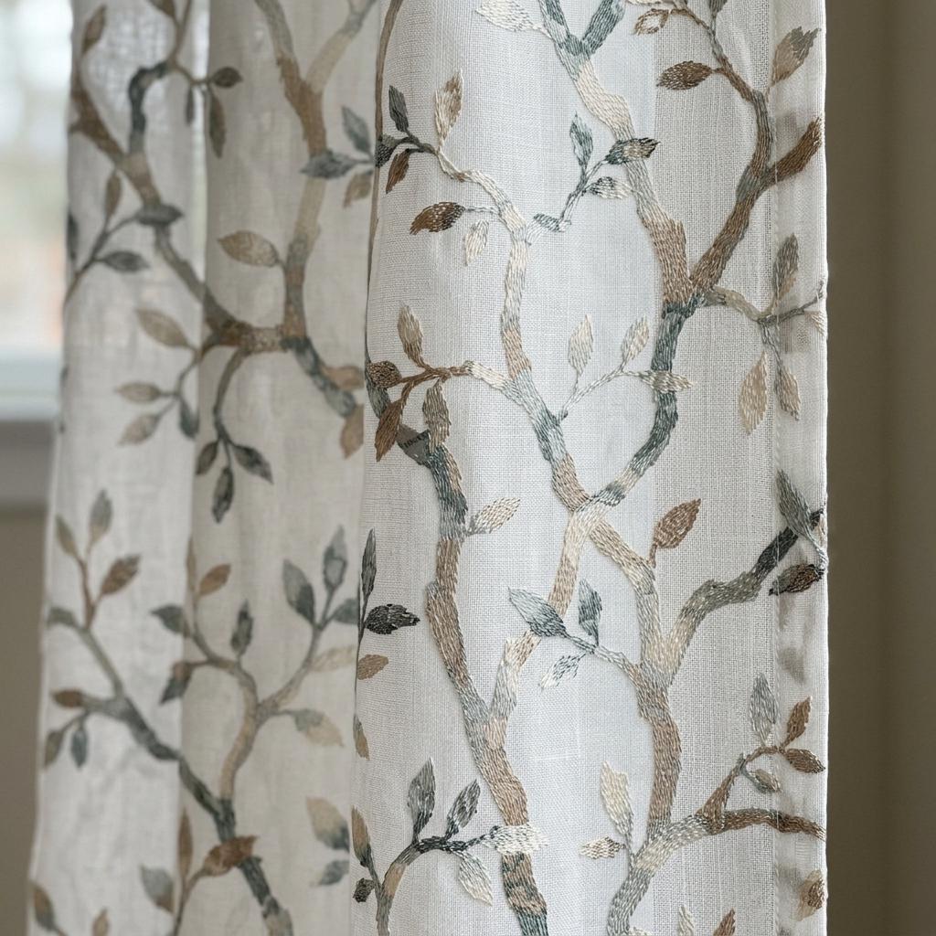 White Linen Sheer Curtains, Eucalyptus Ivory Brown Embroidered Vine Drapes, Botanical Custom Curtain Panel — image 4