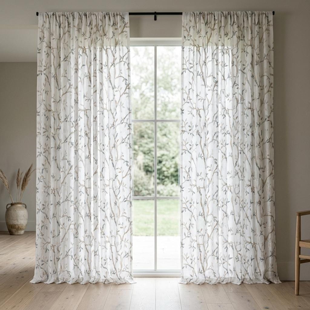 White Linen Sheer Curtains, Eucalyptus Ivory Brown Embroidered Vine Drapes, Botanical Custom Curtain Panel — image 2