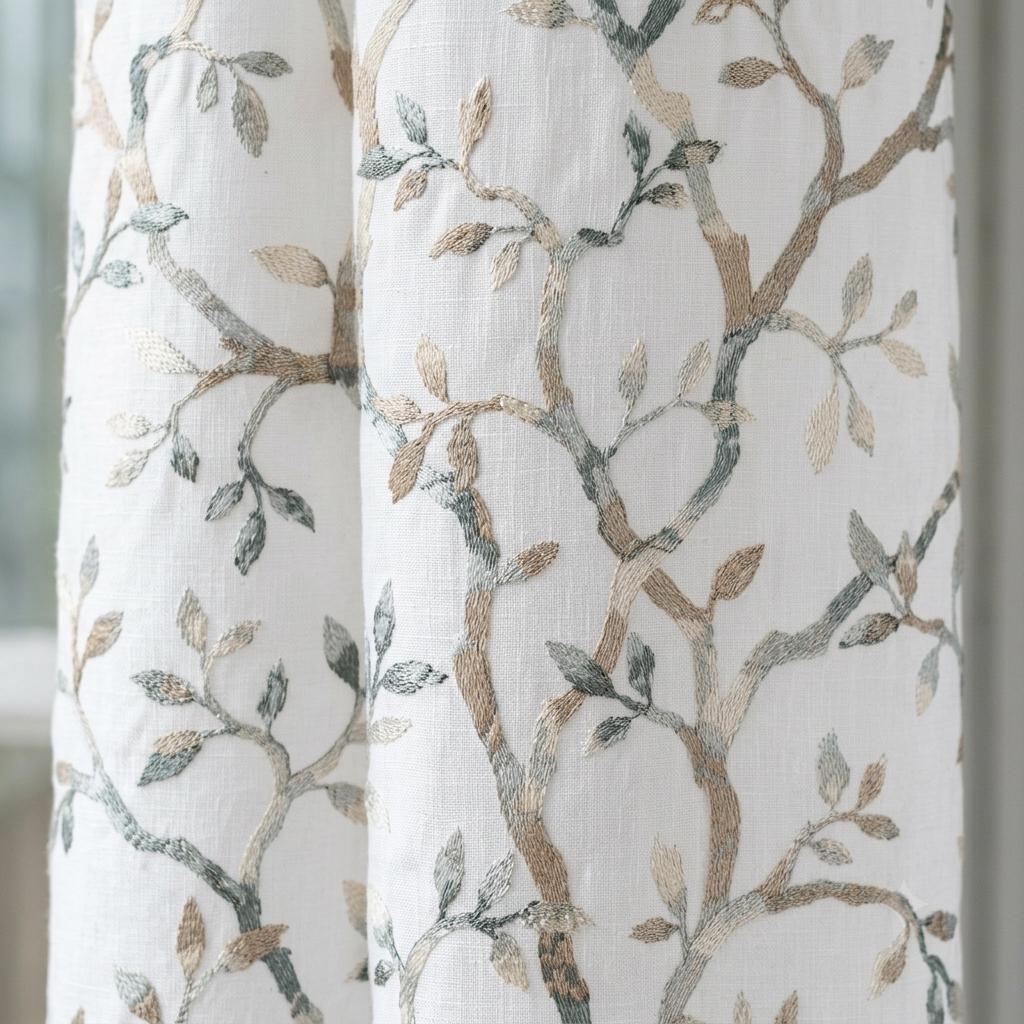 White Linen Sheer Curtains, Eucalyptus Ivory Brown Embroidered Vine Drapes, Botanical Custom Curtain Panel — image 9