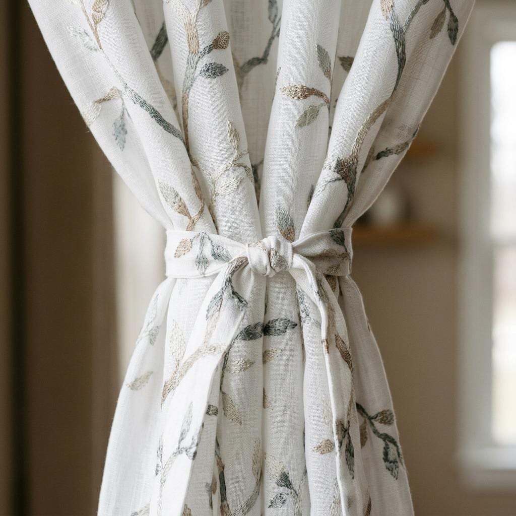 White Linen Sheer Curtains, Eucalyptus Ivory Brown Embroidered Vine Drapes, Botanical Custom Curtain Panel — image 7
