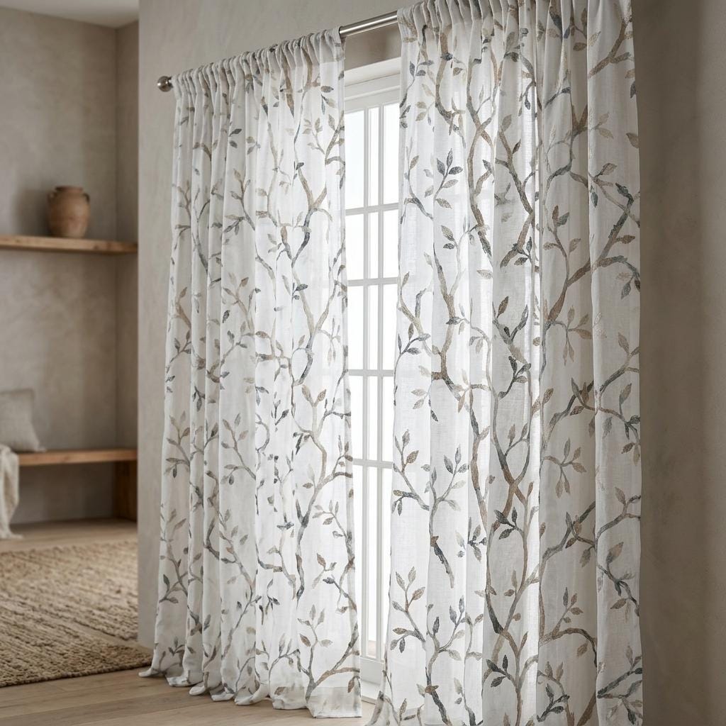 White Linen Sheer Curtains, Eucalyptus Ivory Brown Embroidered Vine Drapes, Botanical Custom Curtain Panel — image 8