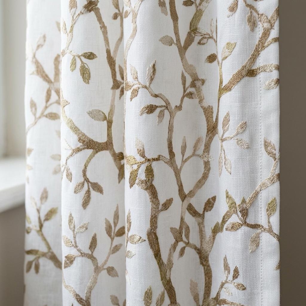 White Linen Sheer Curtains, Flax Beige Embroidered Botanical Vine Drapes, Custom Pure Linen Curtain Panel — image 3
