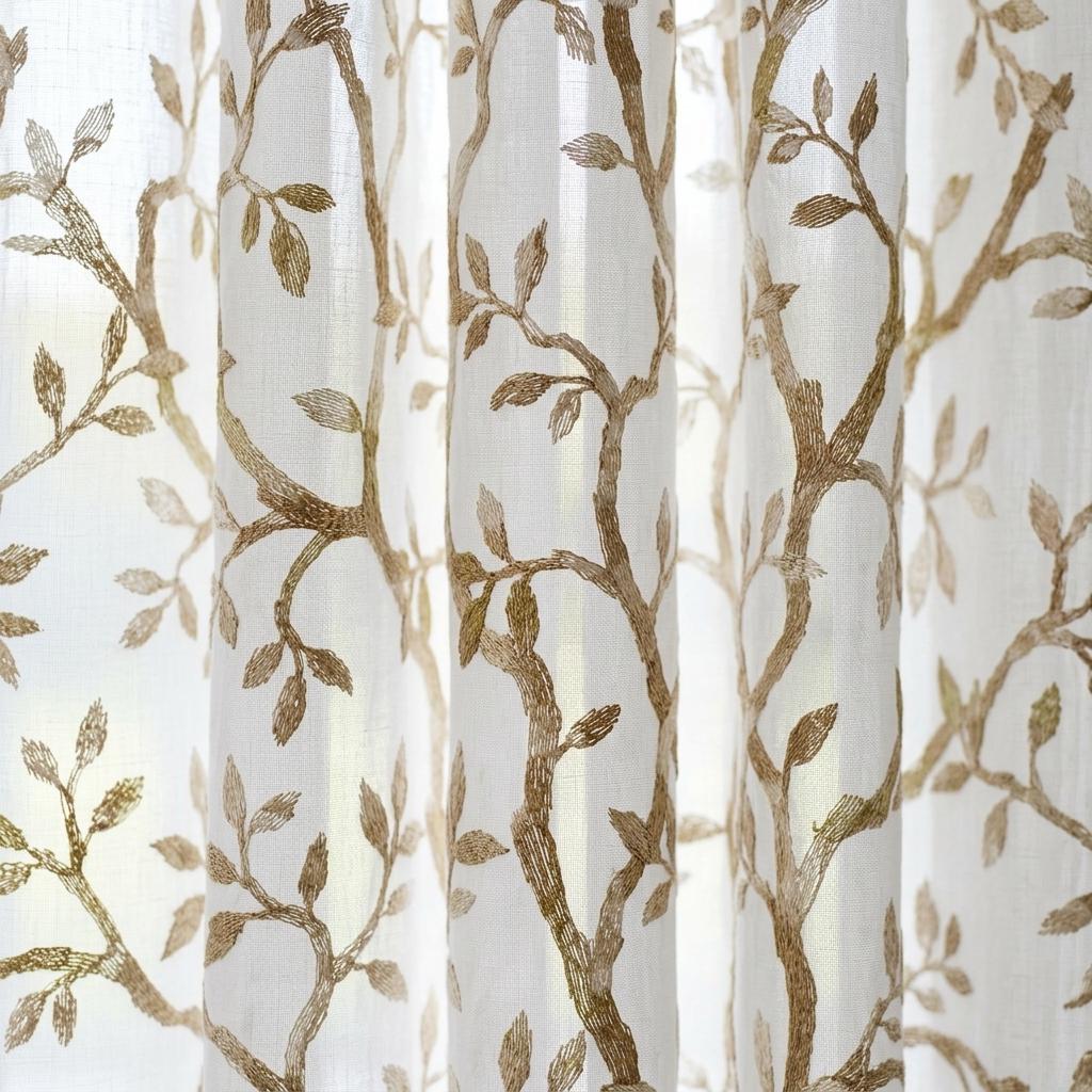 White Linen Sheer Curtains, Flax Beige Embroidered Botanical Vine Drapes, Custom Pure Linen Curtain Panel — image 6