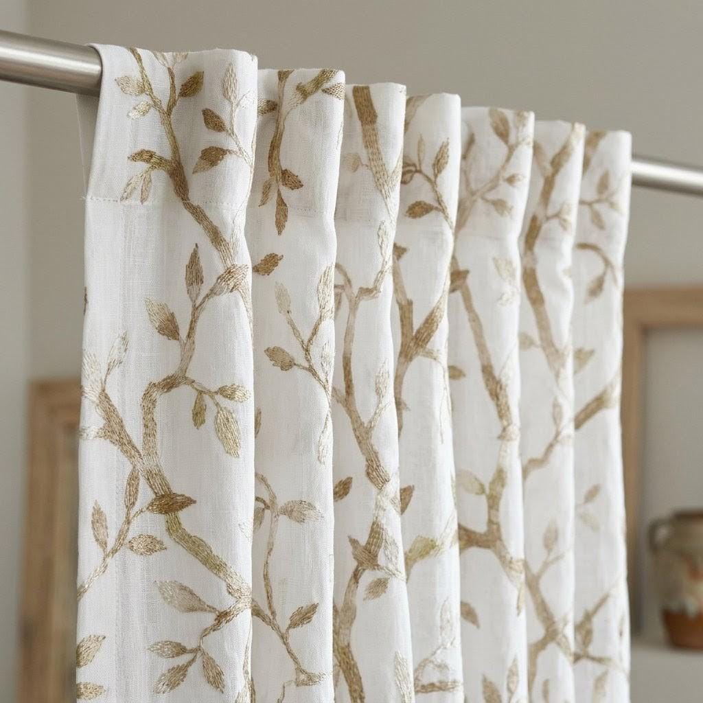 White Linen Sheer Curtains, Flax Beige Embroidered Botanical Vine Drapes, Custom Pure Linen Curtain Panel — image 7