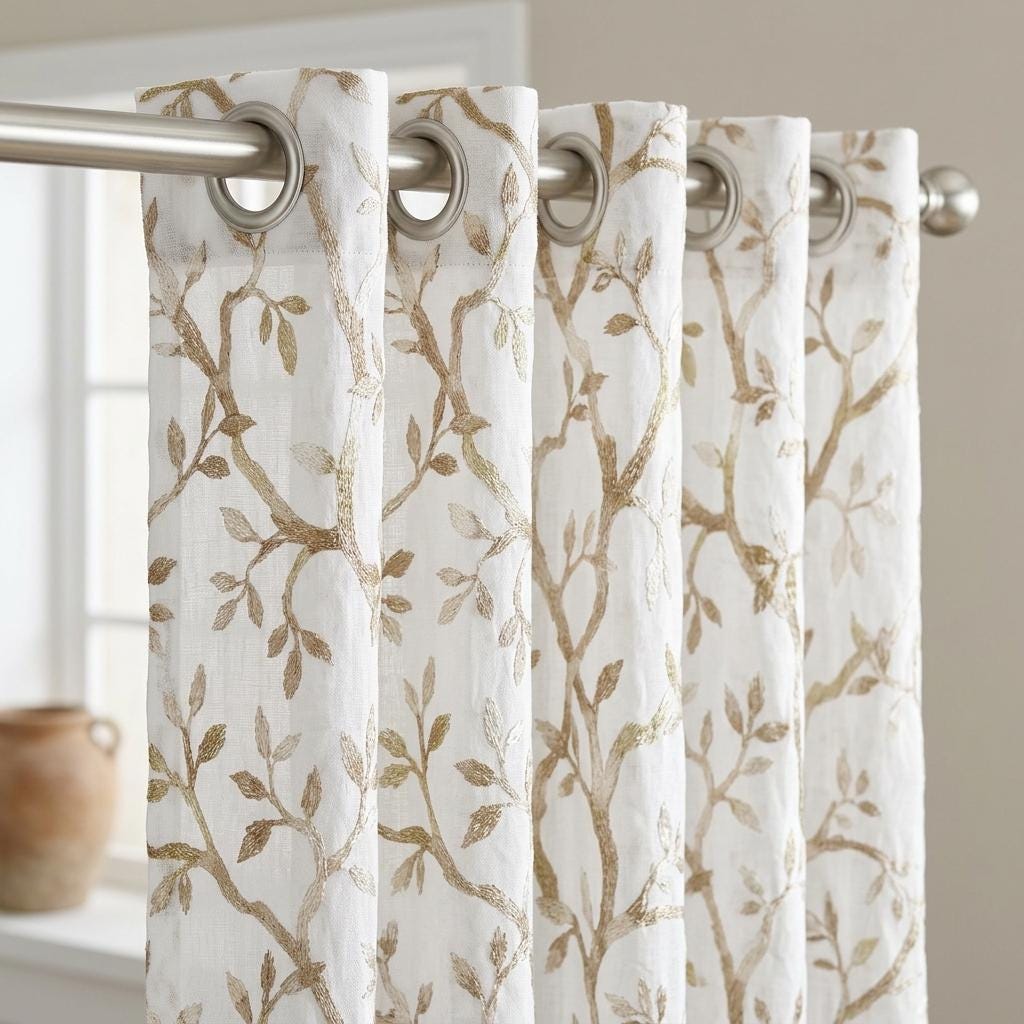 White Linen Sheer Curtains, Flax Beige Embroidered Botanical Vine Drapes, Custom Pure Linen Curtain Panel — image 9