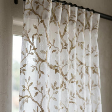 White Linen Sheer Curtains, Flax Beige Embroidered Botanical Vine Drapes, Custom Pure Linen Curtain Panel — image 1
