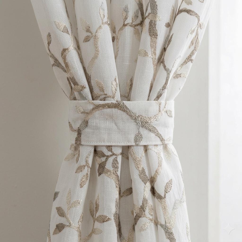 White Pure Linen Sheer Curtains, Stone Greige Taupe Embroidered Vine Drapes, Botanical Custom Curtain Panel — image 1