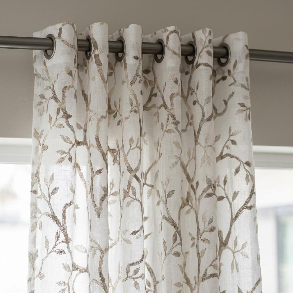 White Pure Linen Sheer Curtains, Stone Greige Taupe Embroidered Vine Drapes, Botanical Custom Curtain Panel — image 5