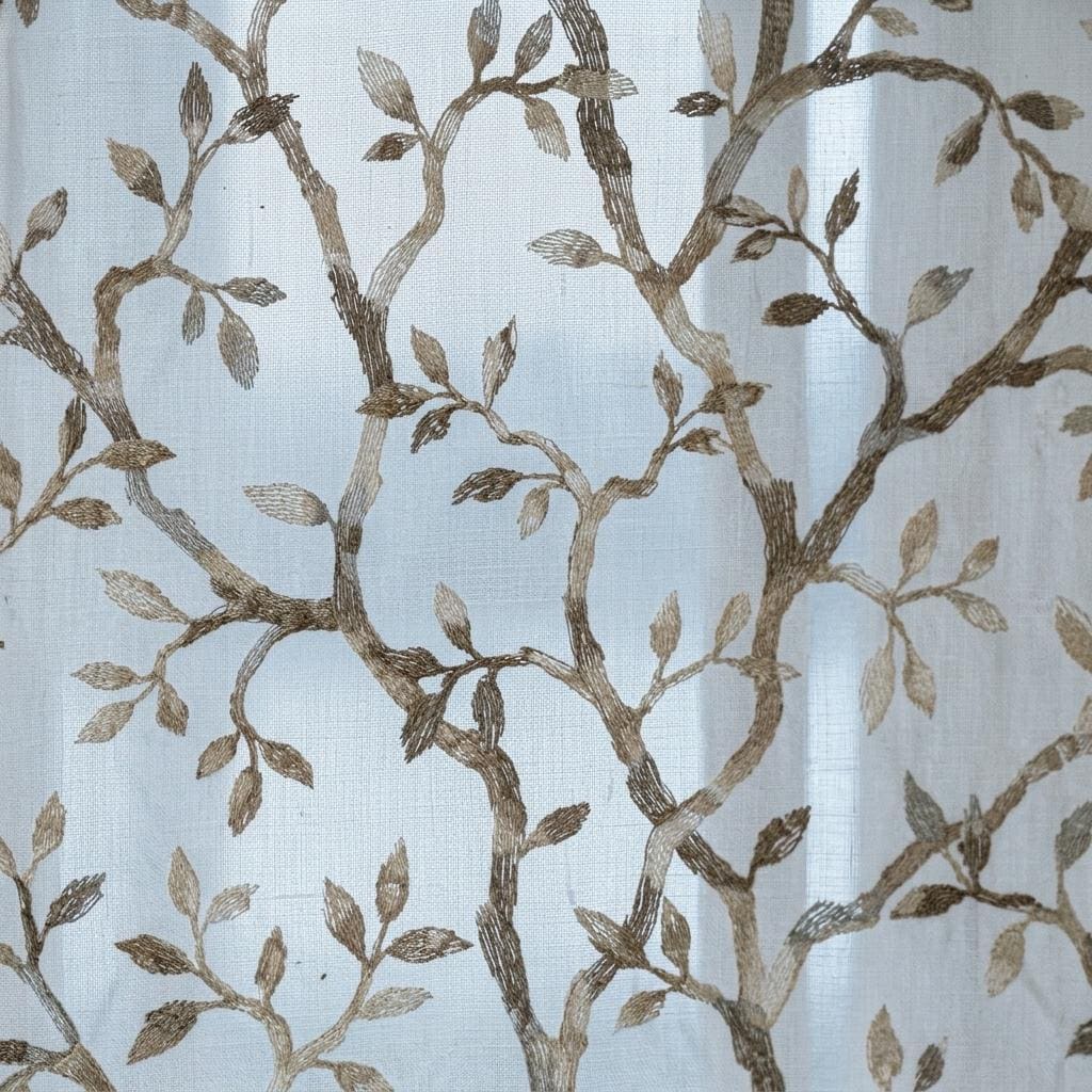 White Pure Linen Sheer Curtains, Stone Greige Taupe Embroidered Vine Drapes, Botanical Custom Curtain Panel — image 9
