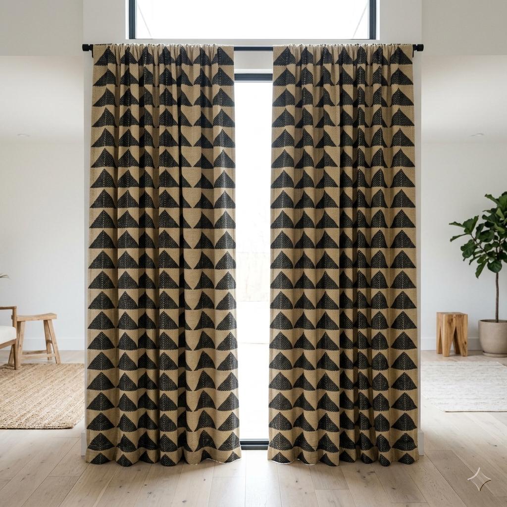 Olive Khaki Black Tribal Pure Cotton Curtains, Boho Heavyweight Drapes, Custom Blackout Cafe Curtain Panels — image 2