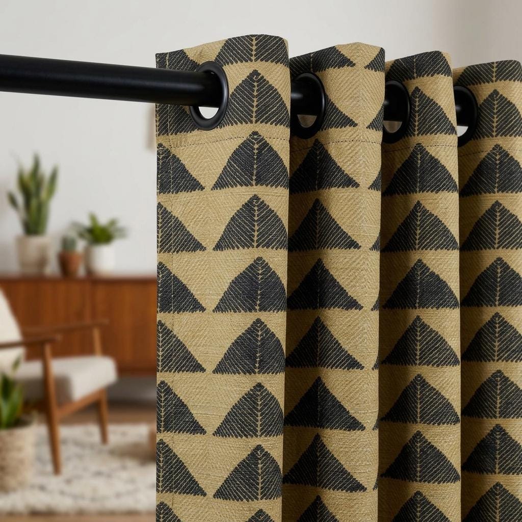 Olive Khaki Black Tribal Pure Cotton Curtains, Boho Heavyweight Drapes, Custom Blackout Cafe Curtain Panels — image 3