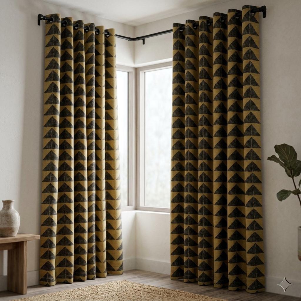 Olive Khaki Black Tribal Pure Cotton Curtains, Boho Heavyweight Drapes, Custom Blackout Cafe Curtain Panels — image 4