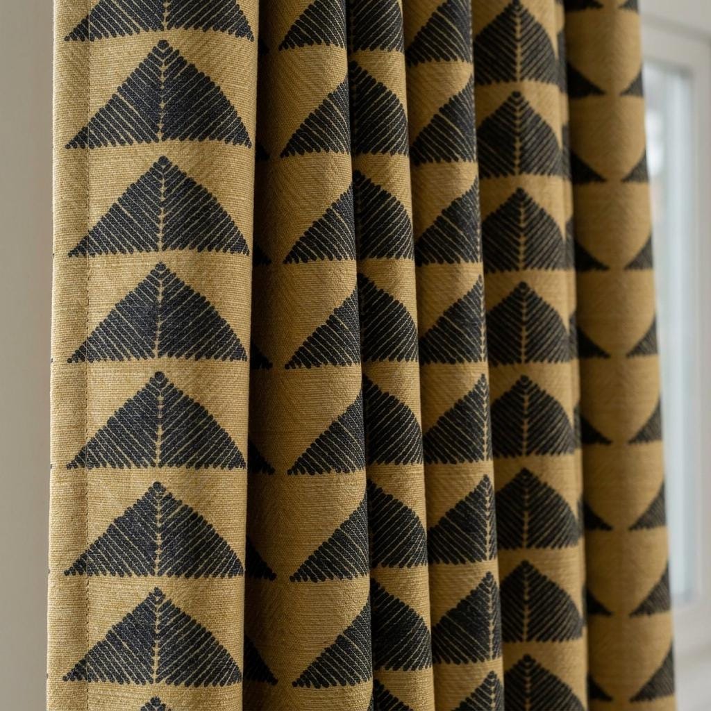 Olive Khaki Black Tribal Pure Cotton Curtains, Boho Heavyweight Drapes, Custom Blackout Cafe Curtain Panels — image 1