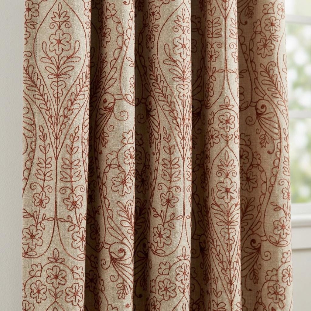 Rust Brown Paisley Floral Embroidered Pure Linen Curtains, Natural Beige Heavy Drapes, Custom Blackout Cotton Lined — image 1