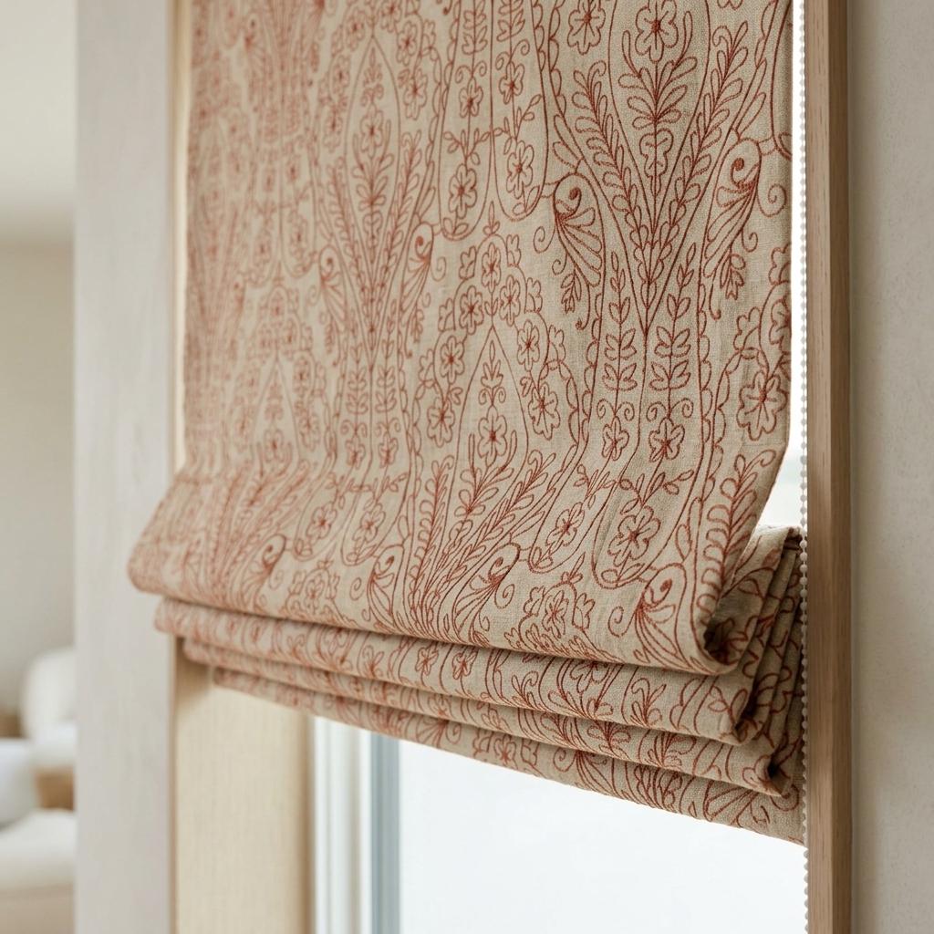Rust Floral Embroidered Pure Linen Roman Shade, Custom Blackout or Cotton Lined Corded Window Blind, Oatmeal Boho Shade — image 1