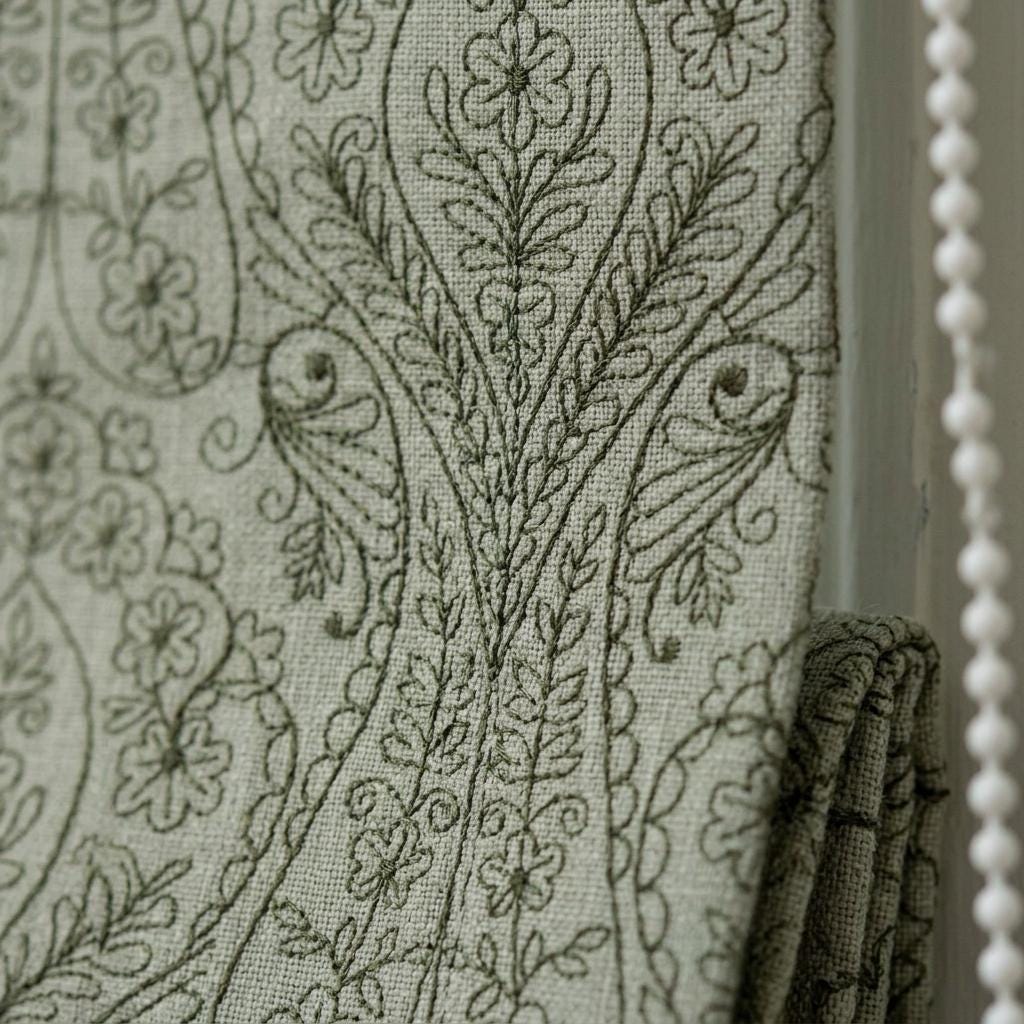Sage Green Floral Embroidered Linen Roman Shade, Custom Blackout or Cotton Lined Corded Window Blind, Boho Farmhouse Blind — image 1