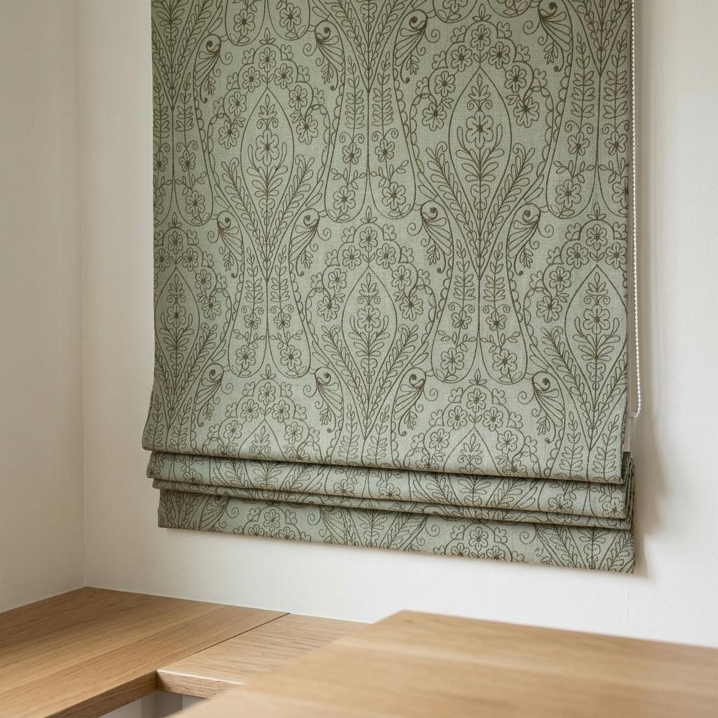 Sage Green Floral Embroidered Linen Roman Shade, Custom Blackout or Cotton Lined Corded Window Blind, Boho Farmhouse Blind — image 1