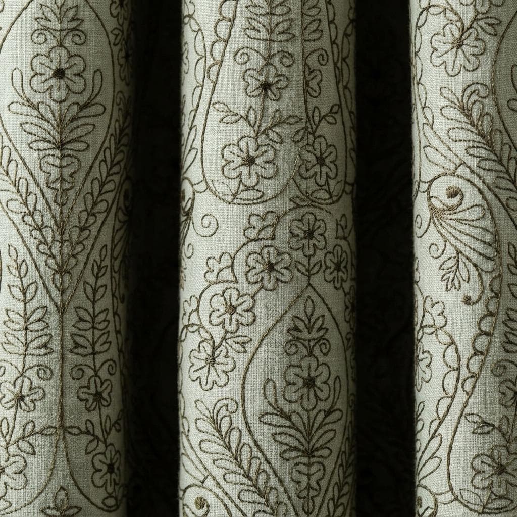 Olive Green Floral Paisley Embroidered Linen Curtains, Natural Beige Heavy Drapes, Custom Blackout or Cotton Lined — image 4