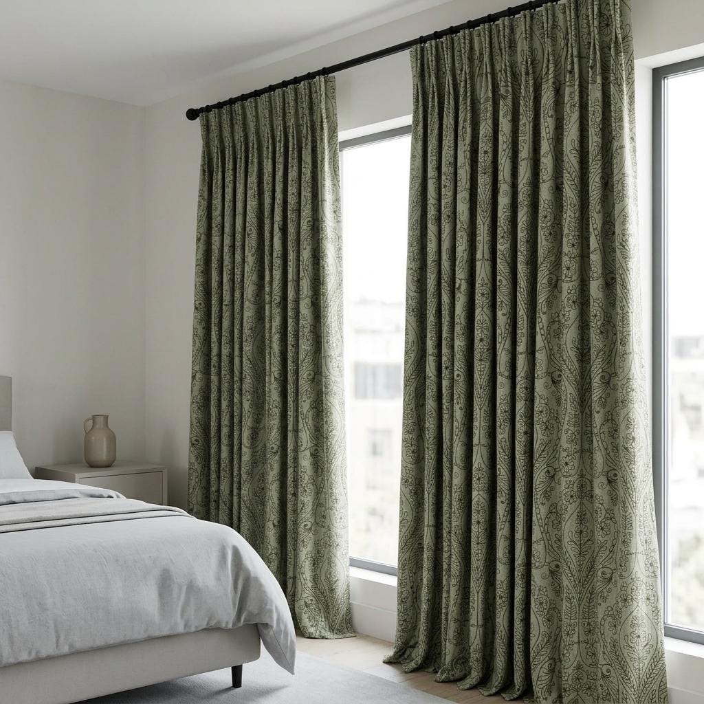 Olive Green Floral Paisley Embroidered Linen Curtains, Natural Beige Heavy Drapes, Custom Blackout or Cotton Lined — image 6