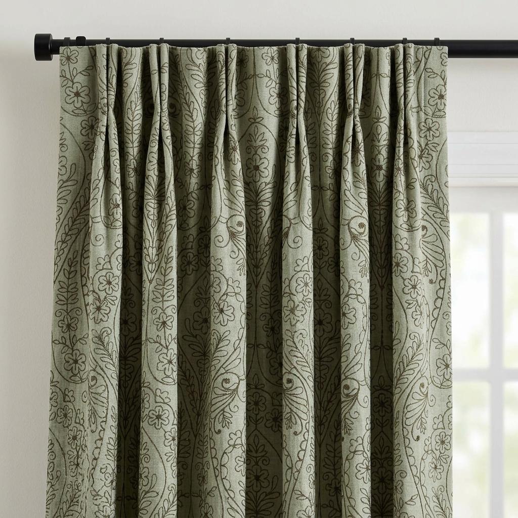 Olive Green Floral Paisley Embroidered Linen Curtains, Natural Beige Heavy Drapes, Custom Blackout or Cotton Lined — image 5