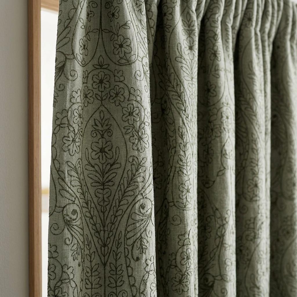 Olive Green Floral Paisley Embroidered Linen Curtains, Natural Beige Heavy Drapes, Custom Blackout or Cotton Lined — image 7