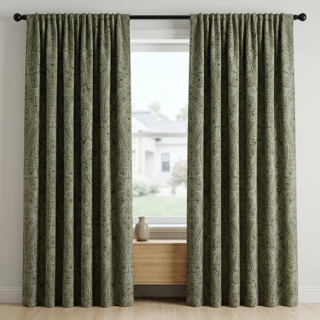 Olive Green Floral Paisley Embroidered Linen Curtains, Natural Beige Heavy Drapes, Custom Blackout or Cotton Lined — image 8