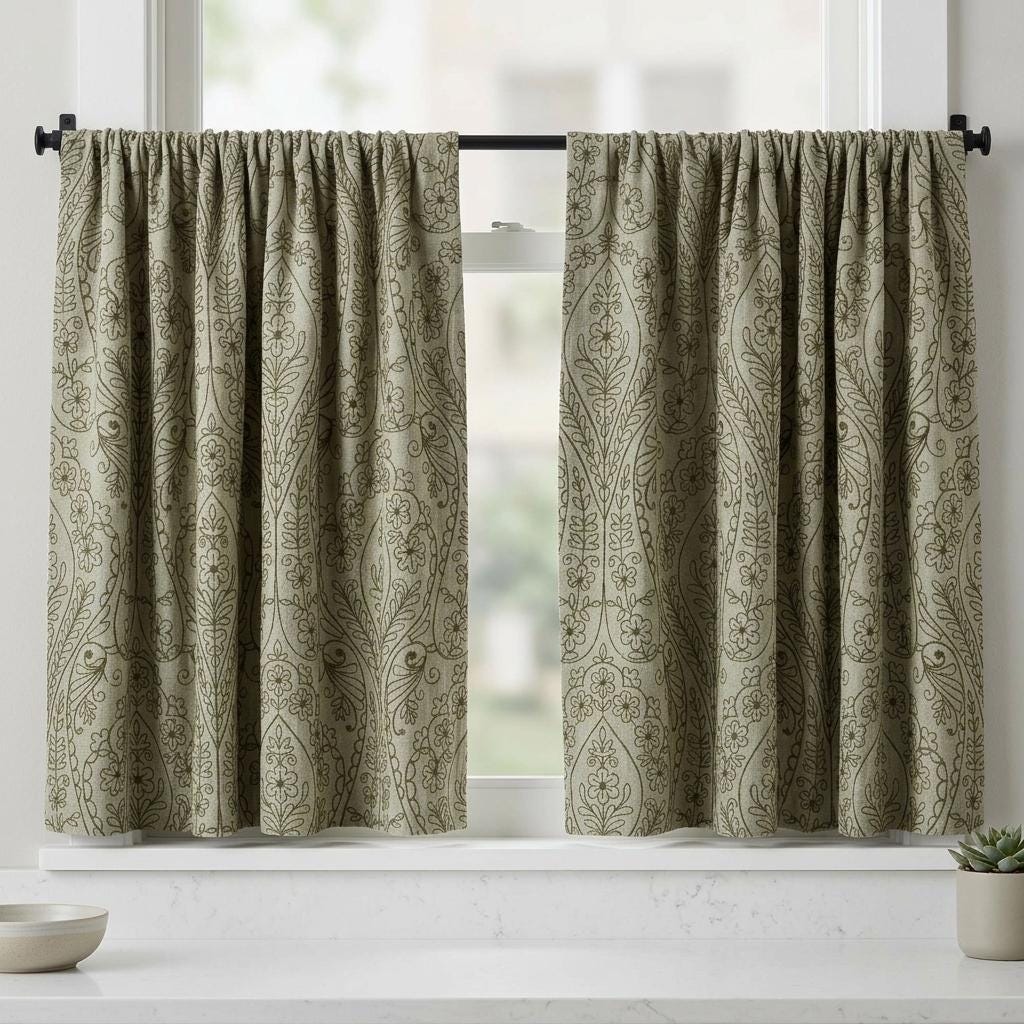 Olive Green Floral Paisley Embroidered Linen Curtains, Natural Beige Heavy Drapes, Custom Blackout or Cotton Lined — image 9