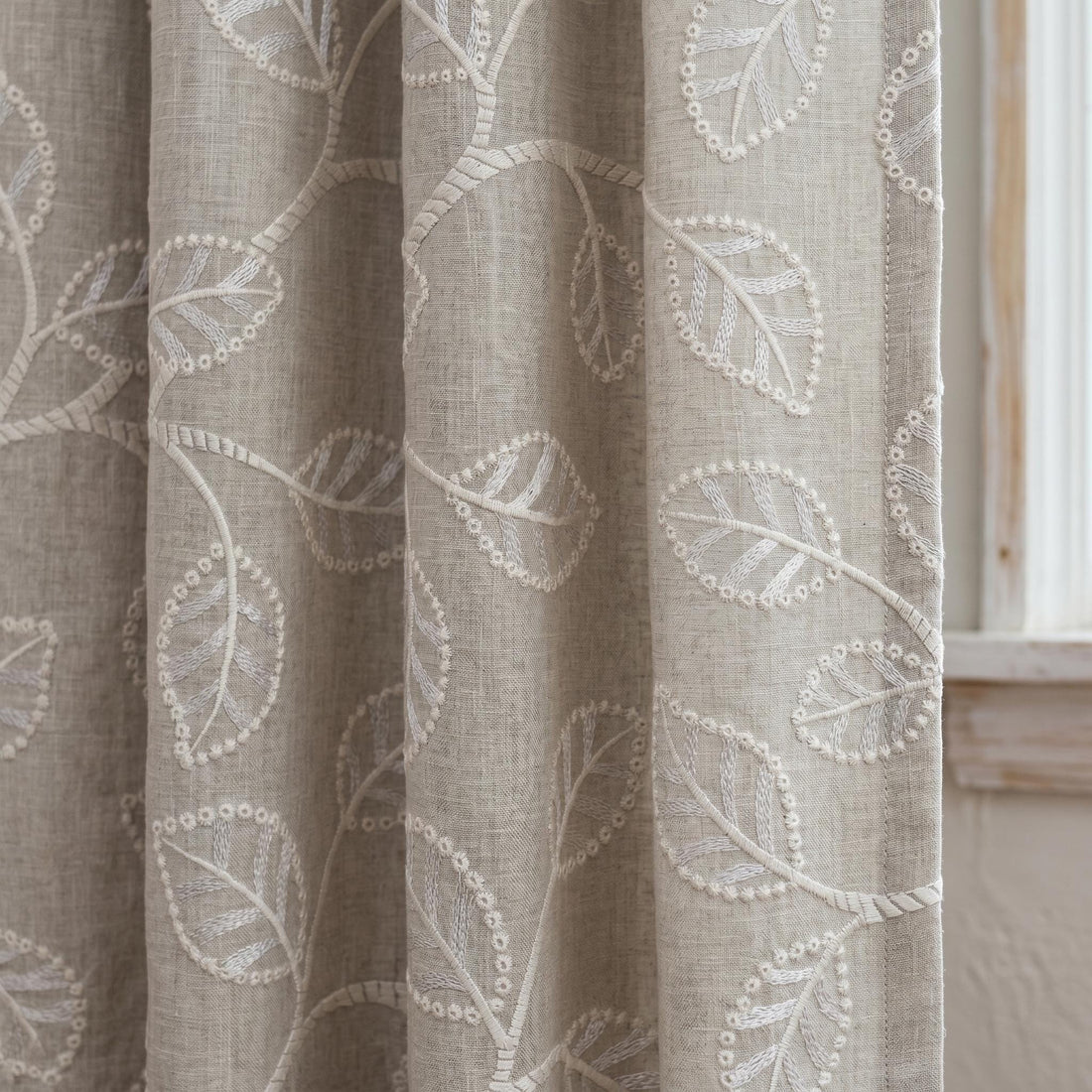 Ivory Leaf Vine Embroidered Linen Curtains, Natural Beige Heavy Drapes, Custom Blackout Cotton Lined Panels — image 1