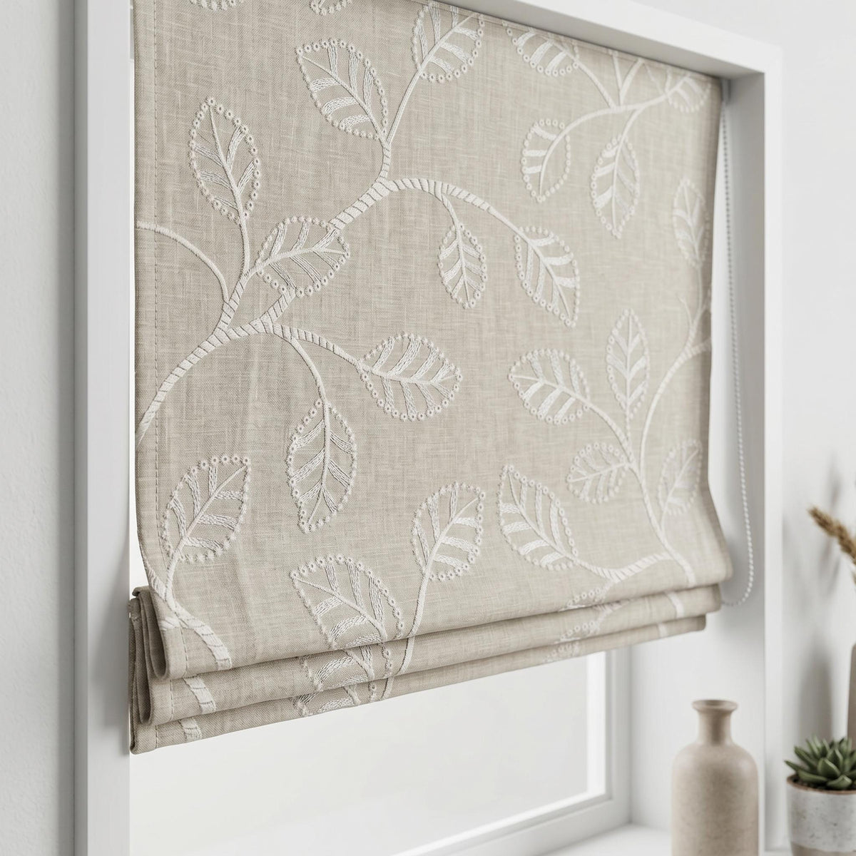 Ivory Botanical Embroidered Linen Roman Shade, Custom Blackout or Cotton Lined Corded Window Blind, Natural Oatmeal — image 4