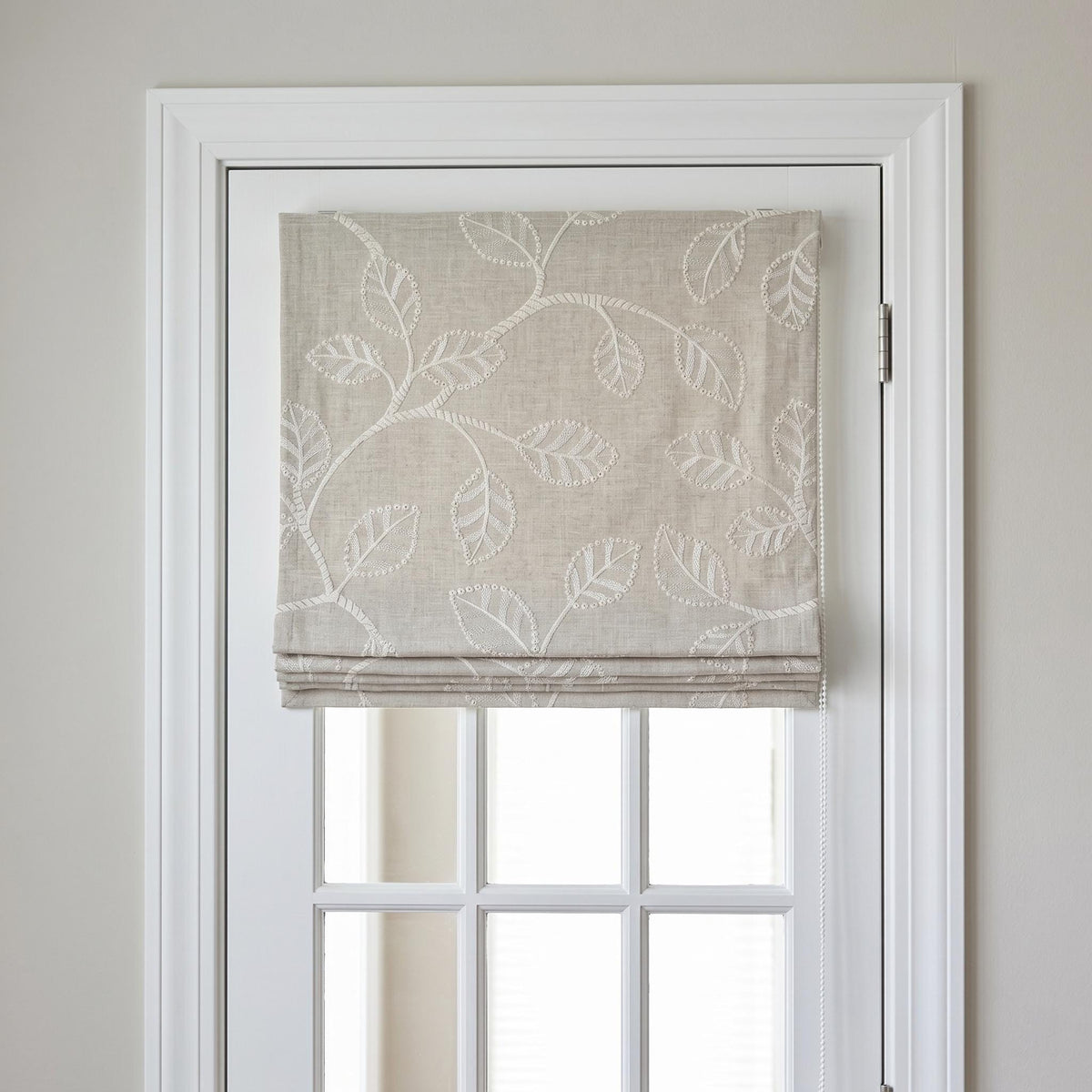 Ivory Botanical Embroidered Linen Roman Shade, Custom Blackout or Cotton Lined Corded Window Blind, Natural Oatmeal — image 7